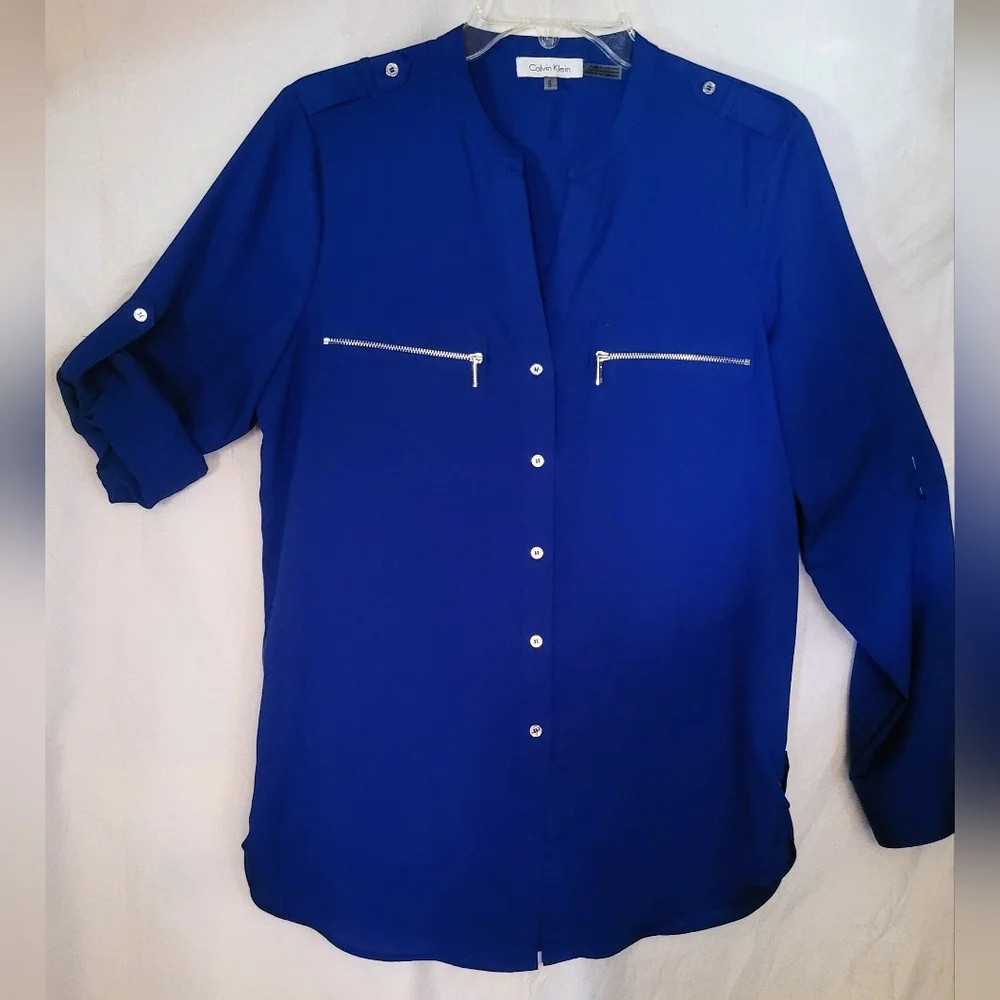Calvin Klein.. Royal Blue Blouse with Zippered Pockets (78B) - Picture 1 of 8